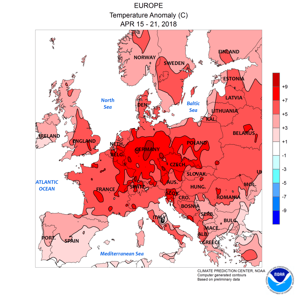 Le anomalie di temperatura della terza settimana di Aprile sull'Europa