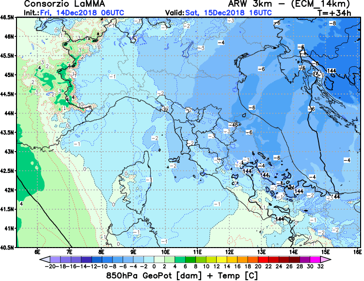 Le temperature a 850 hPa previste per domani sul centro Italia - fonte Lamma