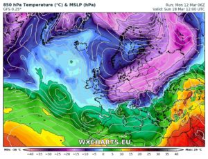 temperature ad 850 hPa previste per Sabato