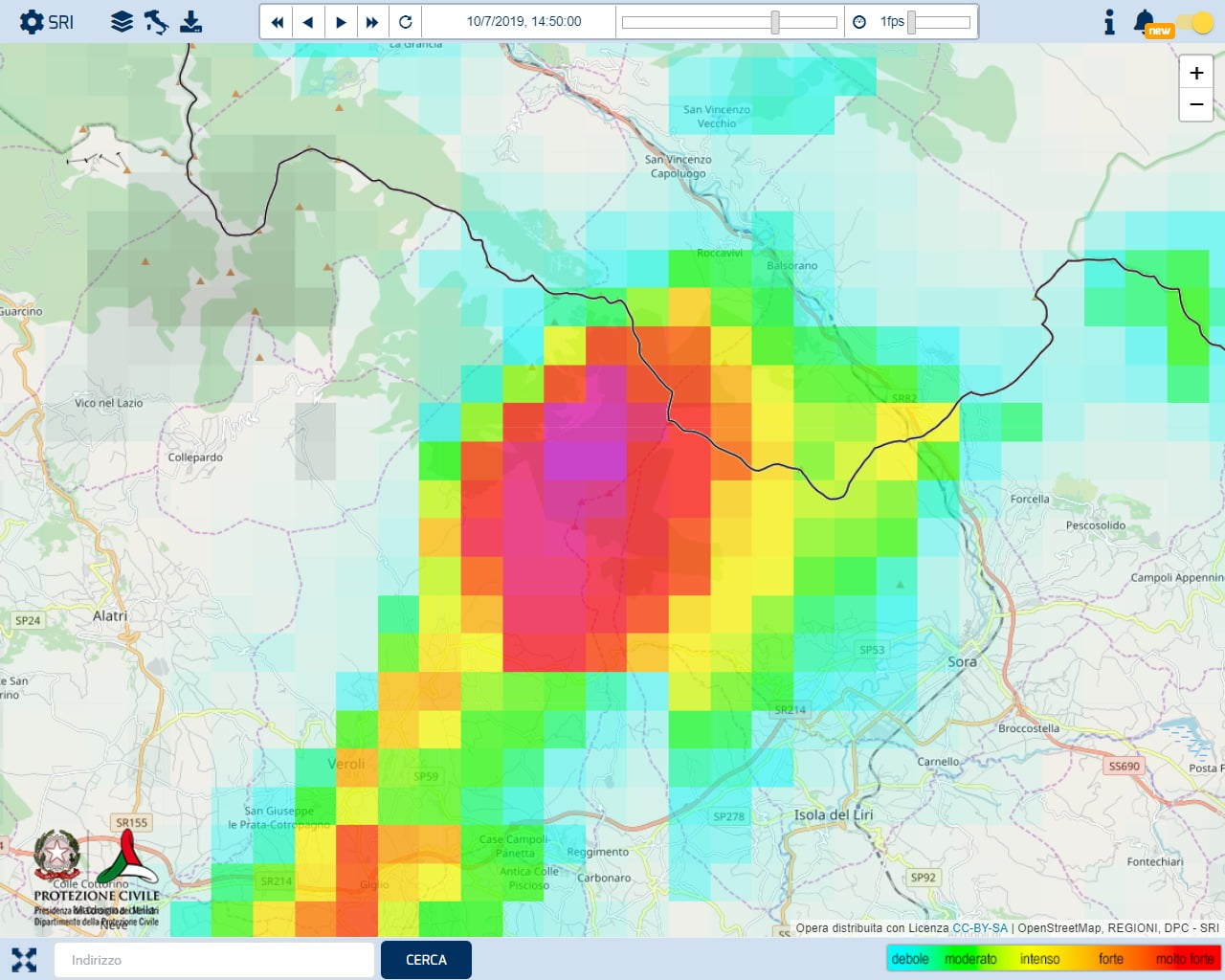 Immagine del Radar della Protezione Civile SRI - ore 14.50