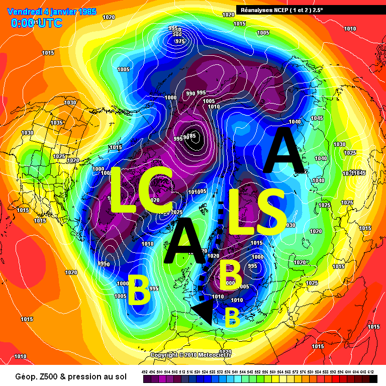 Carta emisferica che mostra un lobo del vortice polare colpire in pieno l'Europa e l'Italia a seguito dello stratwarming il 4 gennaio 1985. Fonte Meteociel.Fr